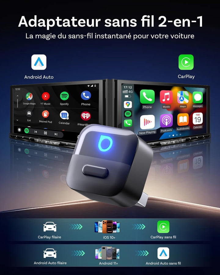OTTOCAST Mini Pico 2026 Verbesserte, 2 in 1 Wireless CarPlay & Android Auto Adapter mit USB-A/C-Adap
