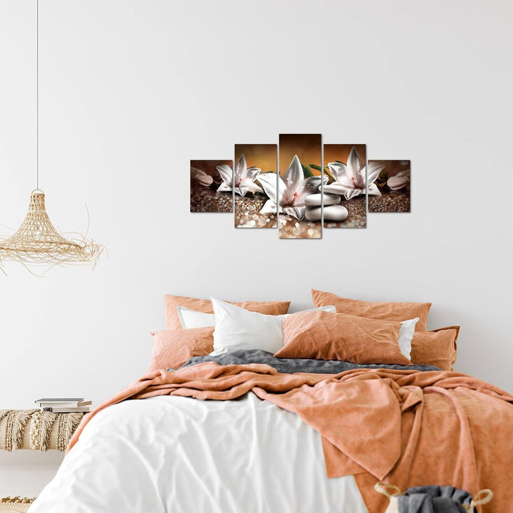 Runa Art Wandbilder Blumen Lilien 5 Teilig Bild auf Vlies Leinwand Deko Wohnzimmer Abstrakt Beige Br