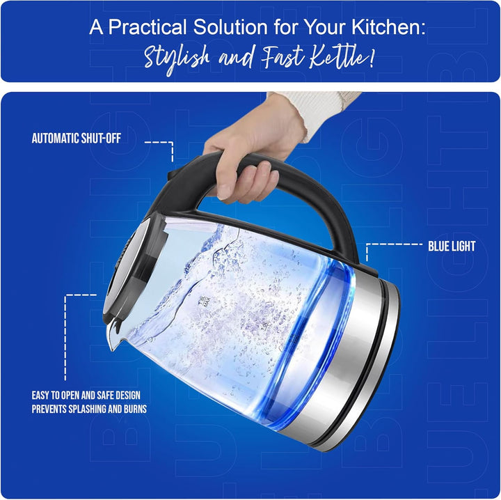 Leyf Glas Wasserkocher 1,8L - 1500W, BPA-frei, 360° drehbare Basis, LED-Beleuchtung, automatische Ab