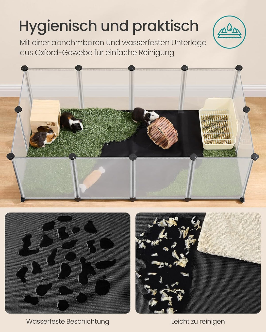 SONGMICS Kleintiergehege mit Bodenplatten, Laufstall mit Abnehmbarer und wasserfester Unterlage, Geh