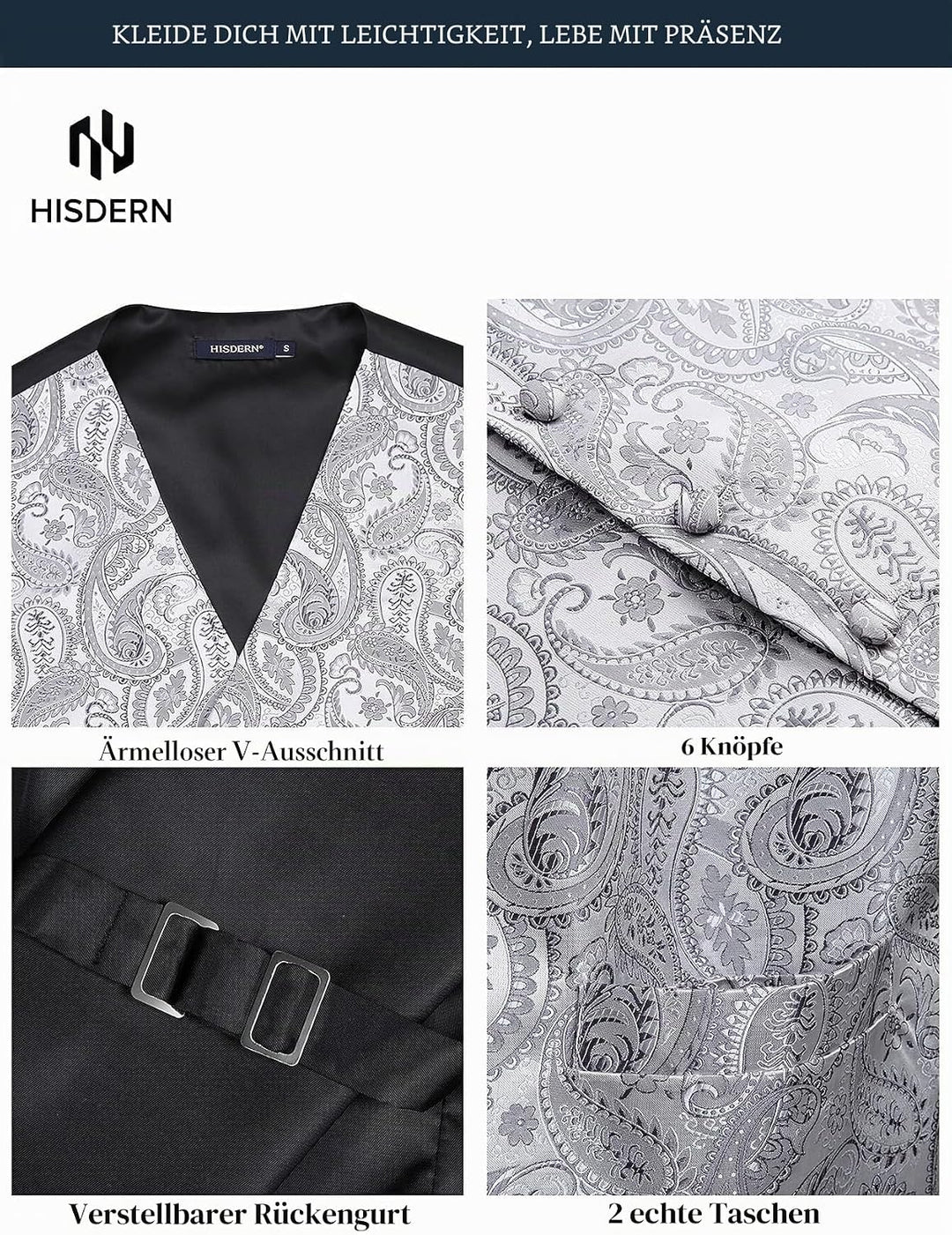 HISDERN Herren FLoral Hochzeit Weste Krawatte Einstecktuch Taschentuch Jacquard Weste Anzug Set S Gr