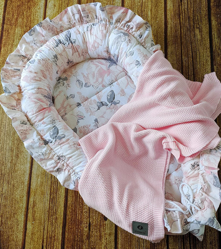PIMKO Babynest mit rüschen Babynestchen für Baby Kuschelnest Babykokon für Säuglinge und Neugeborene