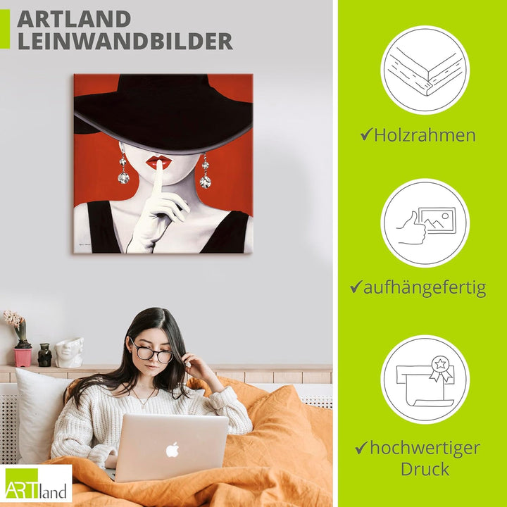 ARTland Leinwandbilder Wandbild Bild auf Leinwand 50x50 cm Wanddeko Frau Hut Stil Lippenstift Beauty