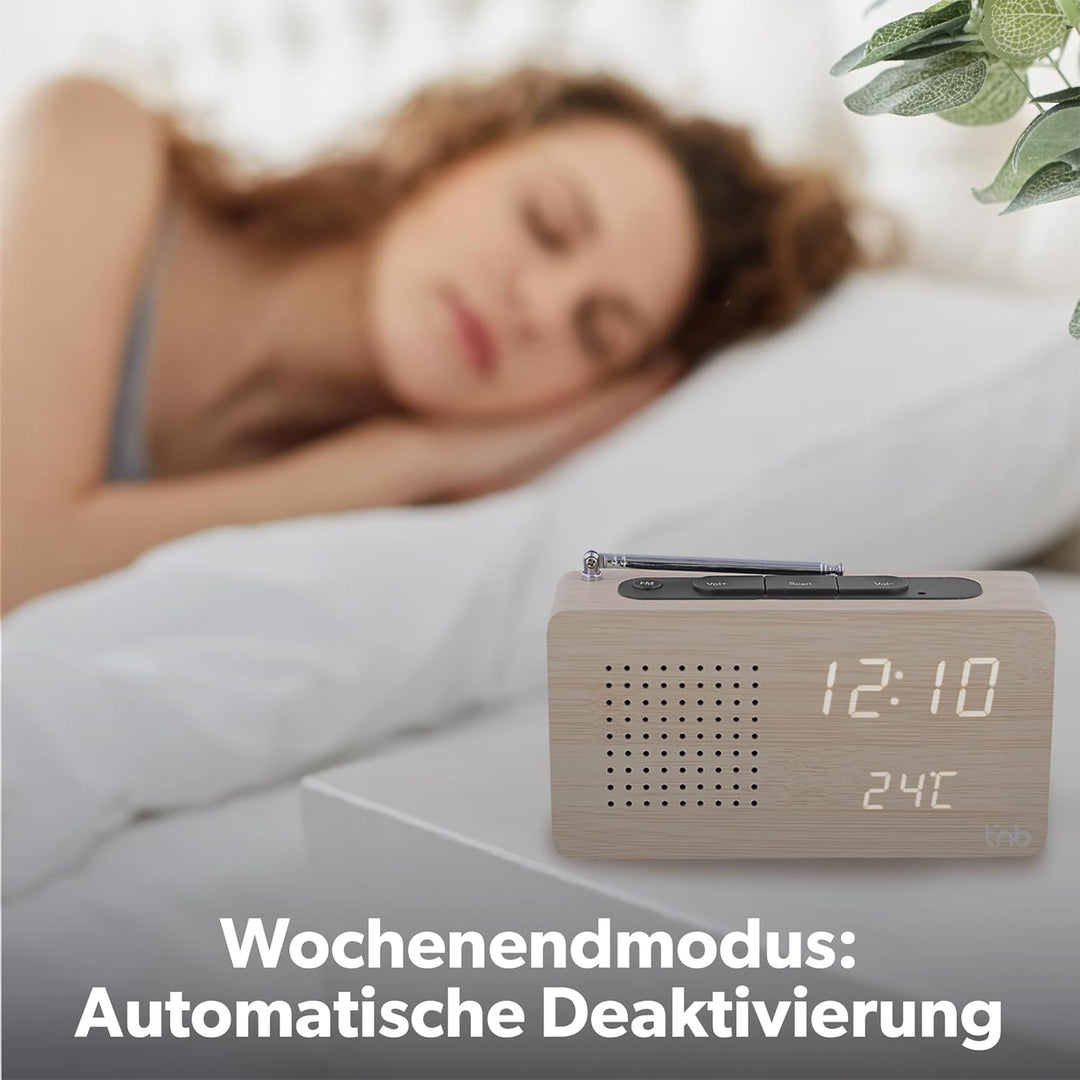 T'nB Woody Digitaler Radiowecker, 1 programmierbarer Alarm, FM-Radio mit automatischem Scan, Tempera