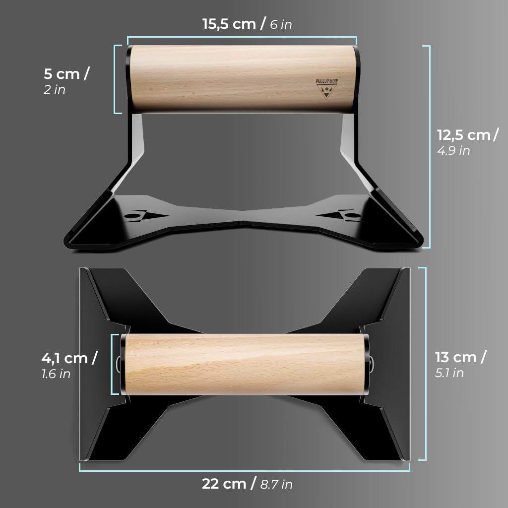 PULLUP & DIP Liegestützgriffe mit ergonomischem Holz Griff und hochbelastbarem Stahl - Rutschfeste P