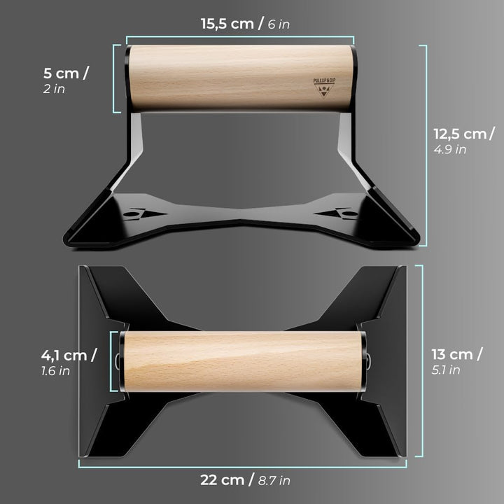 PULLUP & DIP Liegestützgriffe mit ergonomischem Holz Griff und hochbelastbarem Stahl - Rutschfeste P