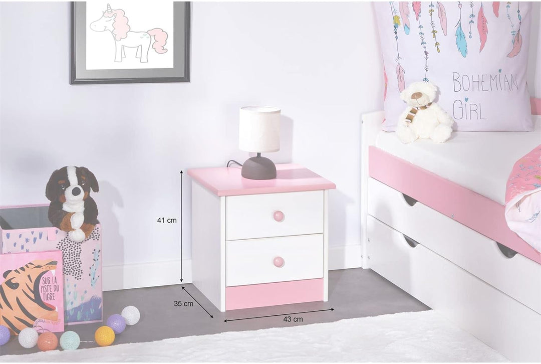 IDIMEX Nachttisch Rondo, Kiefer massiv, weiss-rosa lackiert, 2 Schubladen, Landhausstil, Massivholz,