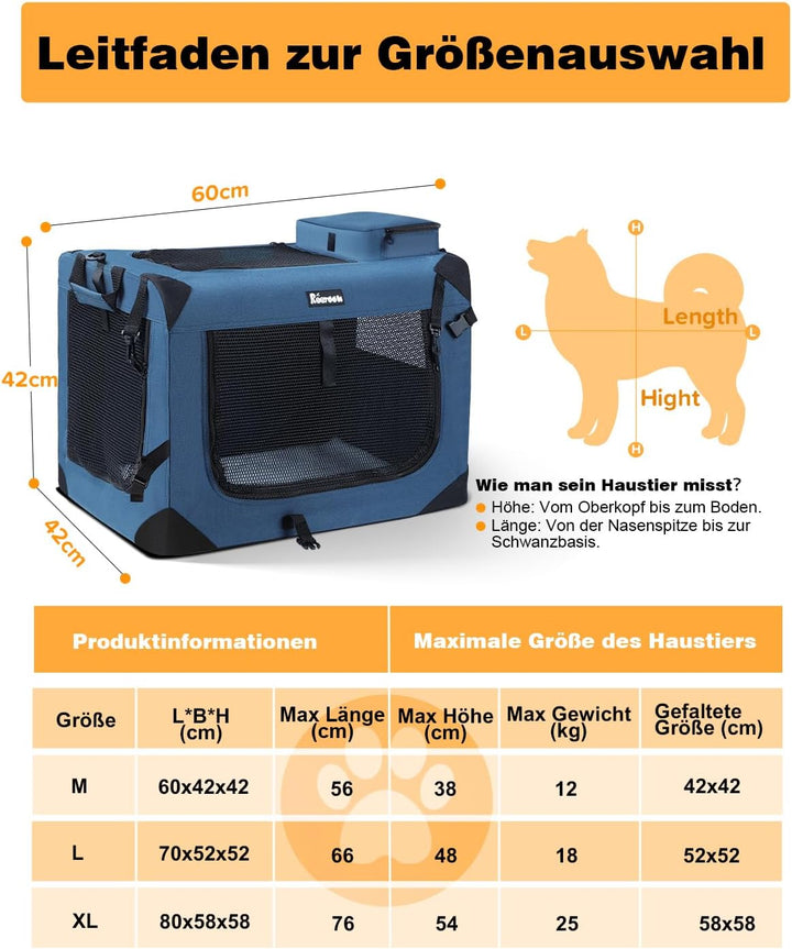Reerooh Hundebox M 60x42x42cm, Faltbar Hundetransportbox Inkl.Hundenapf, Tragbare Hundetasche für Re