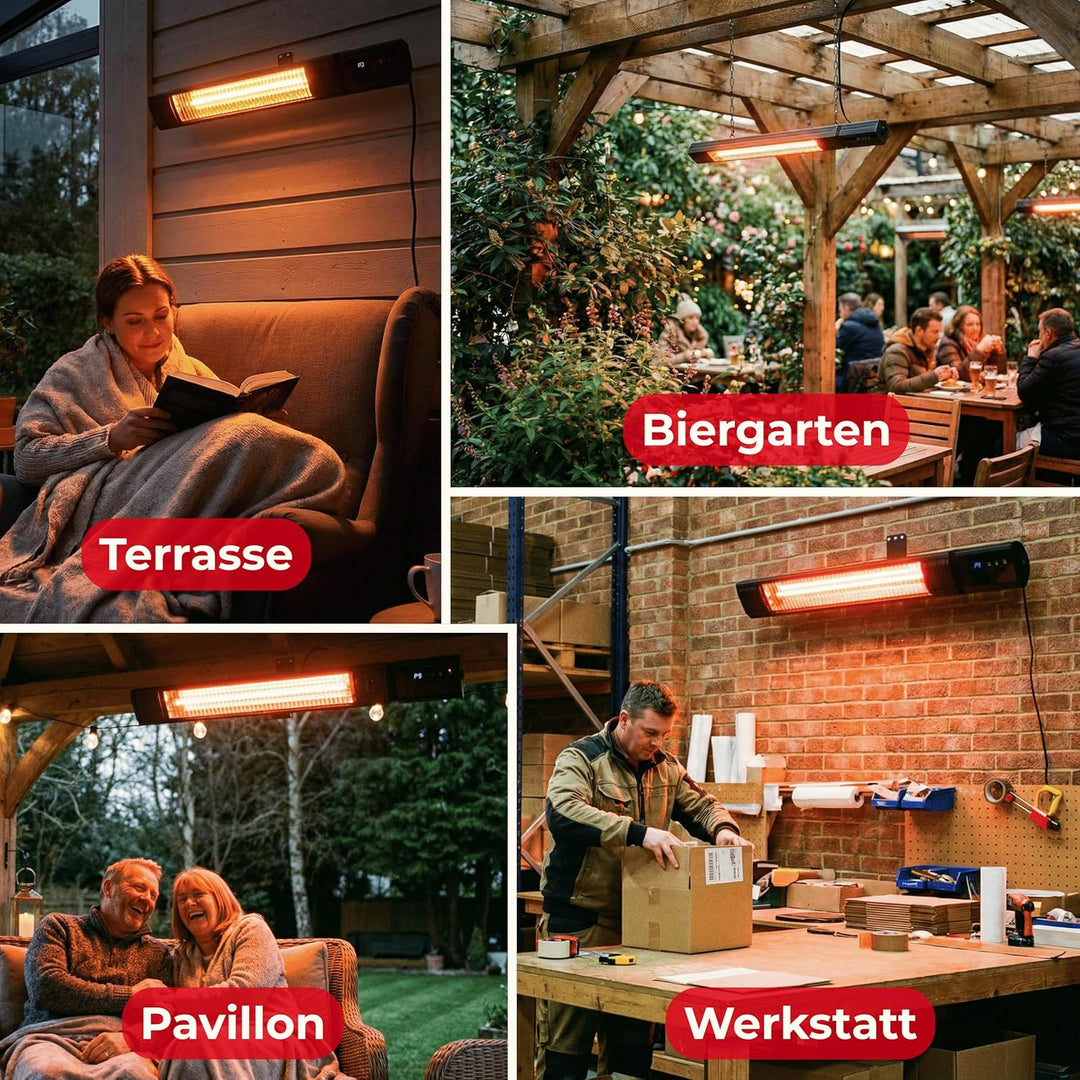 Infrarot Heizstrahler 2500W, 9 Stufen, IP65, Montageketten, Fernbedienung, Timer, Elektroheizung RAY