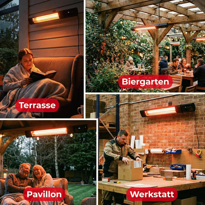 Infrarot Heizstrahler 2500W, 9 Stufen, IP65, Montageketten, Fernbedienung, Timer, Elektroheizung RAY