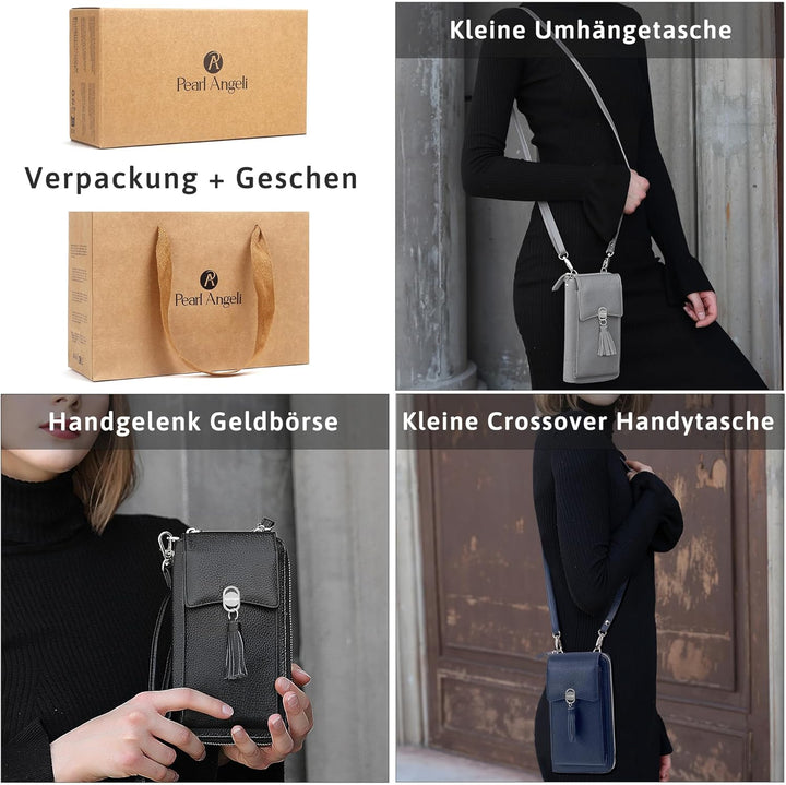 Pearl Angeli Weiches Echtes Leder Handy Umhängetasche - Handytasche Geldbörse Damen RFID Schutz klei