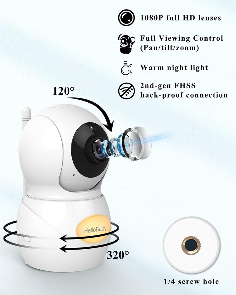 HelloBaby Babyphone mit Kamera, 5,5 Zoll Geteilter 720P Bildschirm,ohne WLAN, 320° Schwenken-120° Ne