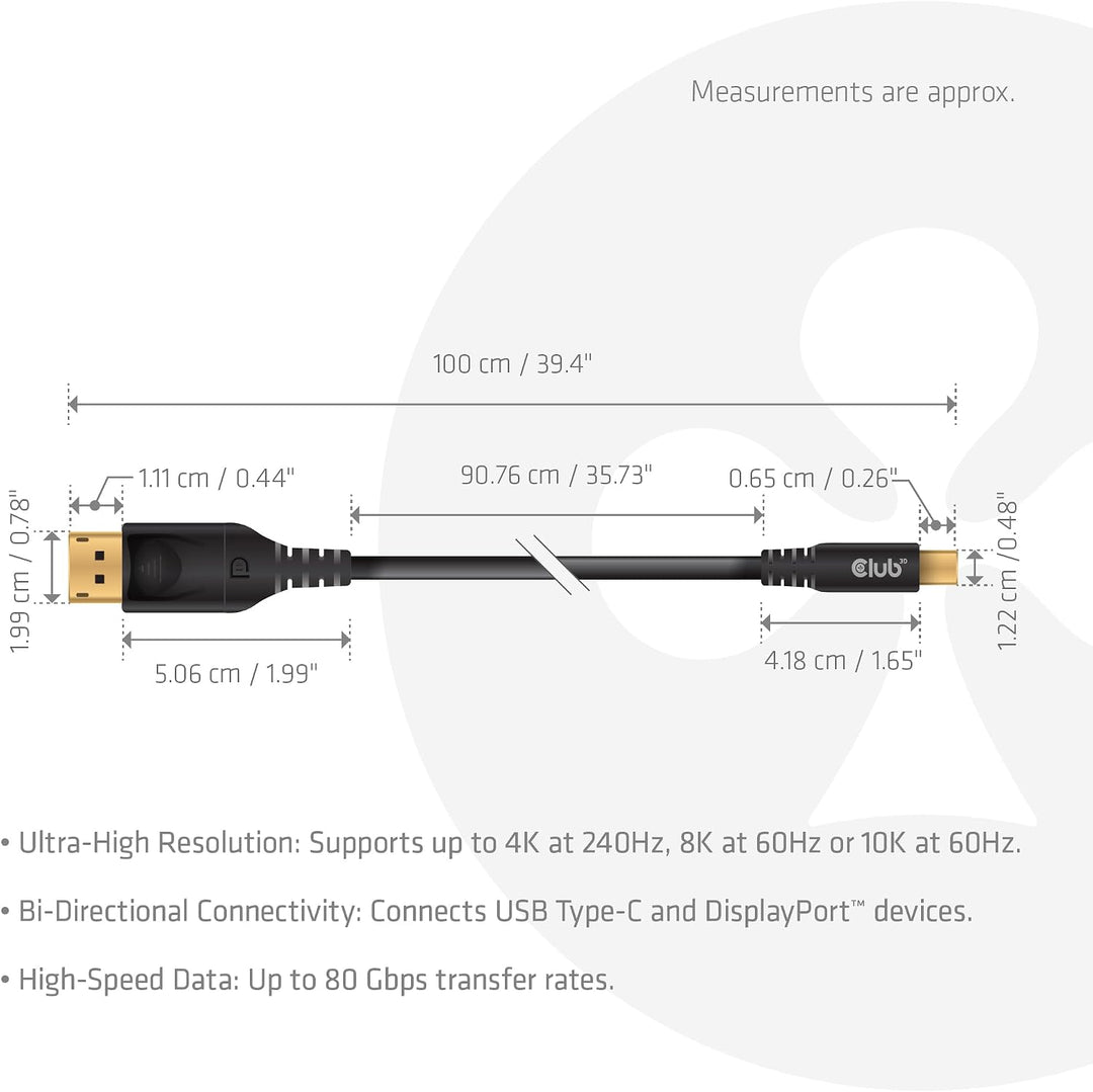 Club3D CAC-1559 USB Typ-C auf DisplayPort DP80 bidirektionales VESA zertifiziertes Kabel 1m Schwarz