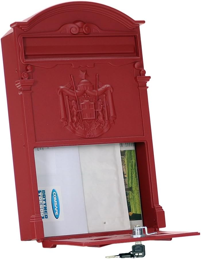 Rottner Briefkasten Ashford-rot-Zylinderschloss-Sichtfenster-Namensschild-Befestigungsmaterial