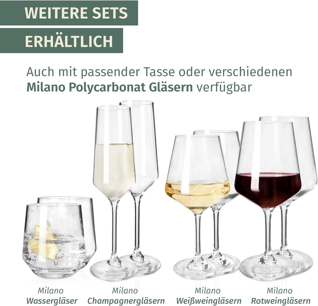 Melamin Camping Geschirr Set 4 Personen Stone Red + 4 Milano Champgner Gläser Flûtes Tafelgeschirr P