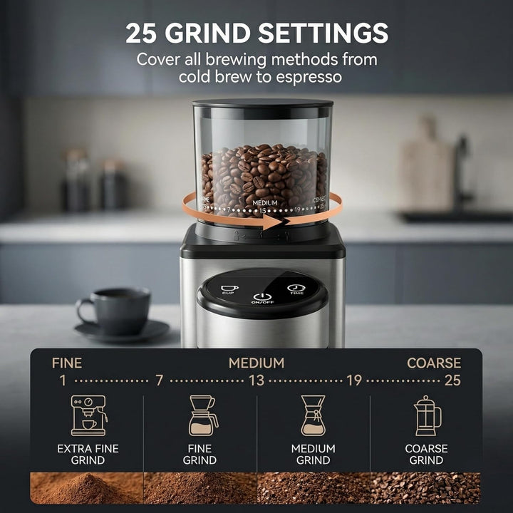 Elektrische Kaffeemühle mit Kegelmahlwerk, 25 Mahlgrade, für Espresso, Filter & Mokka, Leise Kaffeem