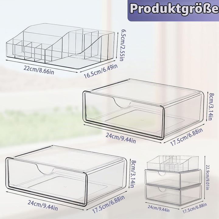 3 Ebenen Make-up Organizer Schublade,Transparenter Kosmetik Organizer,Stapelbarer Schminktisch Organ