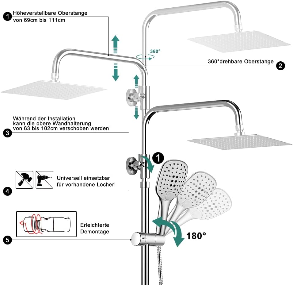 Görbach Regendusche Duschsystem ohne Armatur-Edelstahl Duschset mit Höheverstellbare Duschsäule 74-1