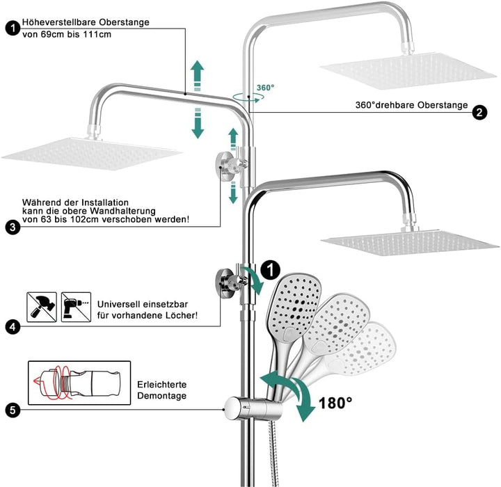 Görbach Regendusche Duschsystem ohne Armatur-Edelstahl Duschset mit Höheverstellbare Duschsäule 74-1
