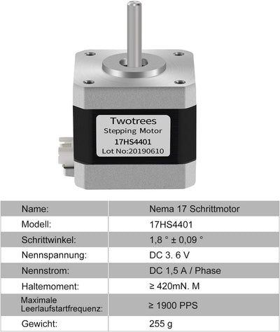 Twotrees Nema 17 Moteur couple élevé 1.5A (17HS4401) 42N.cm (60 oz.in) 1.8 degrés 38MM 4 fils avec c