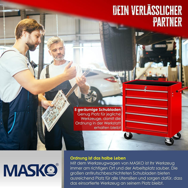 MASKO® Werkstattwagen - 5 Schubladen, Abschliessbar | Massives Metall | Mobiler Werkzeug-Wagen ohne