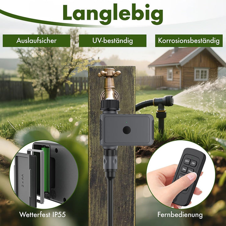Royal Gardineer Funk-Bewässerungsautomat: Bewässerungscomputer mit Ventil, Funk-Fernbedienung, IP55,