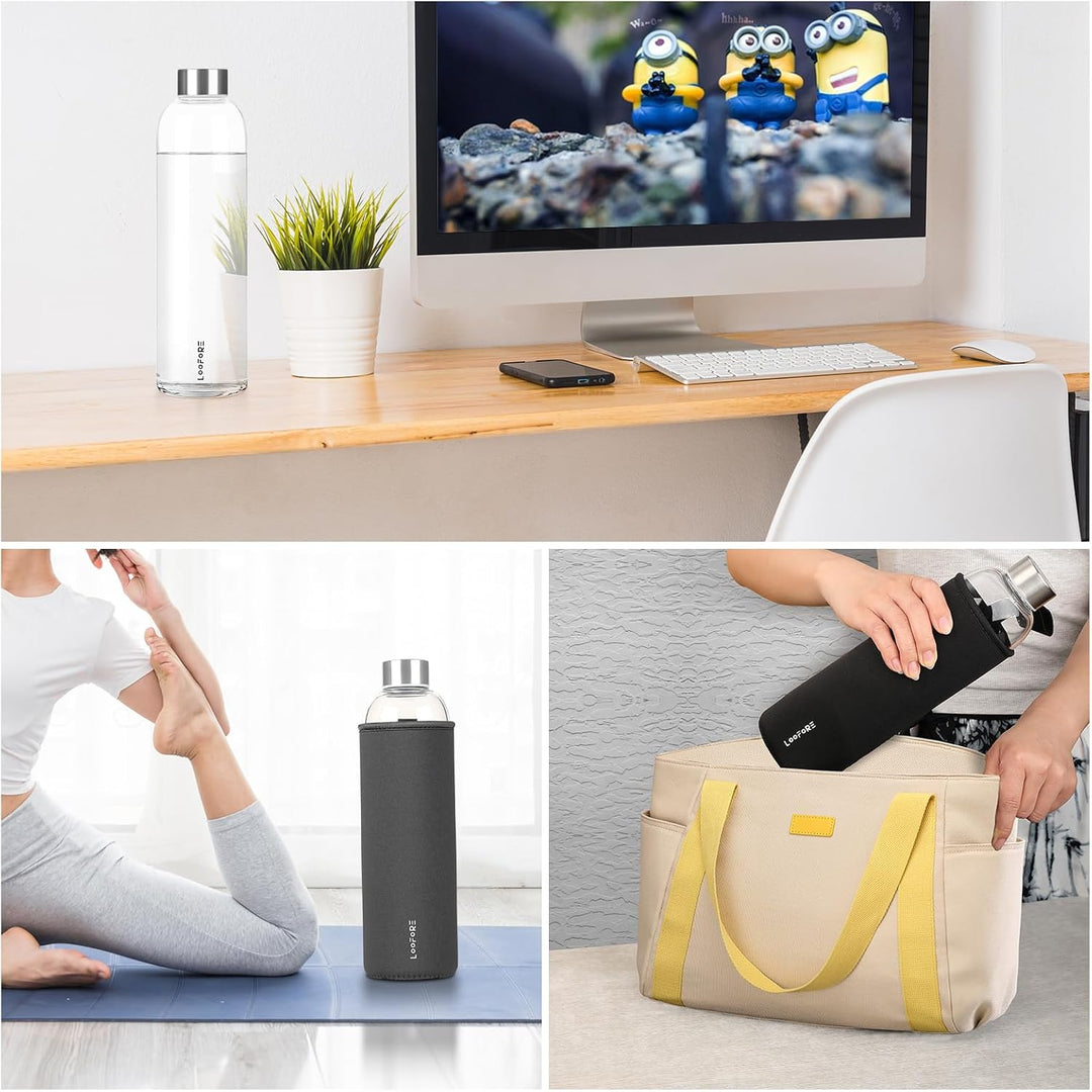 Glasflasche 1 liter / 1l, Wasserflasche Glas 1000ml inkl. Neoprenhülle, BPA freie, Trinkflasche Spül