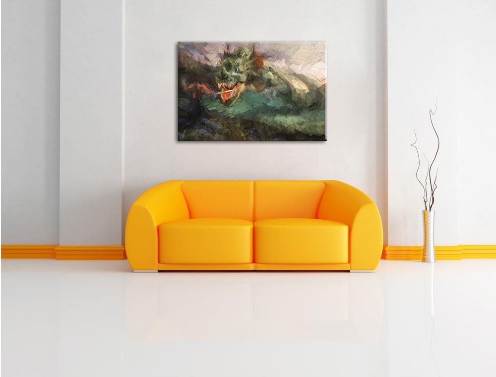 Pixxprint Drache kämpft gegen Krieger als Leinwandbild/Grösse: 100x70 cm/Wandbild/Kunstdruck/fertig