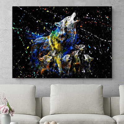 Artmazing | Wolf bunt | Bild Wolfsfamilie auf Leinwand | Wolfsbilder Modern | Bilder Wohnzimmer gros