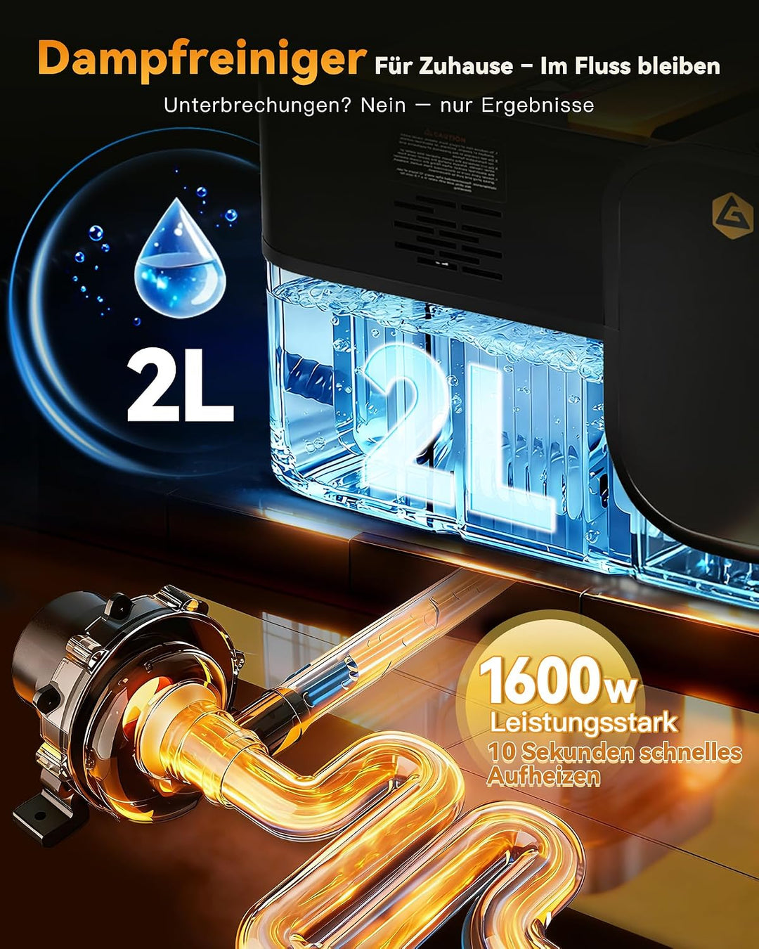 Gautye Dampfreiniger 3 stufig verstellbarer Griff, 10 Sekunden Aufheizzeit | 2L Wassertank, steam cl