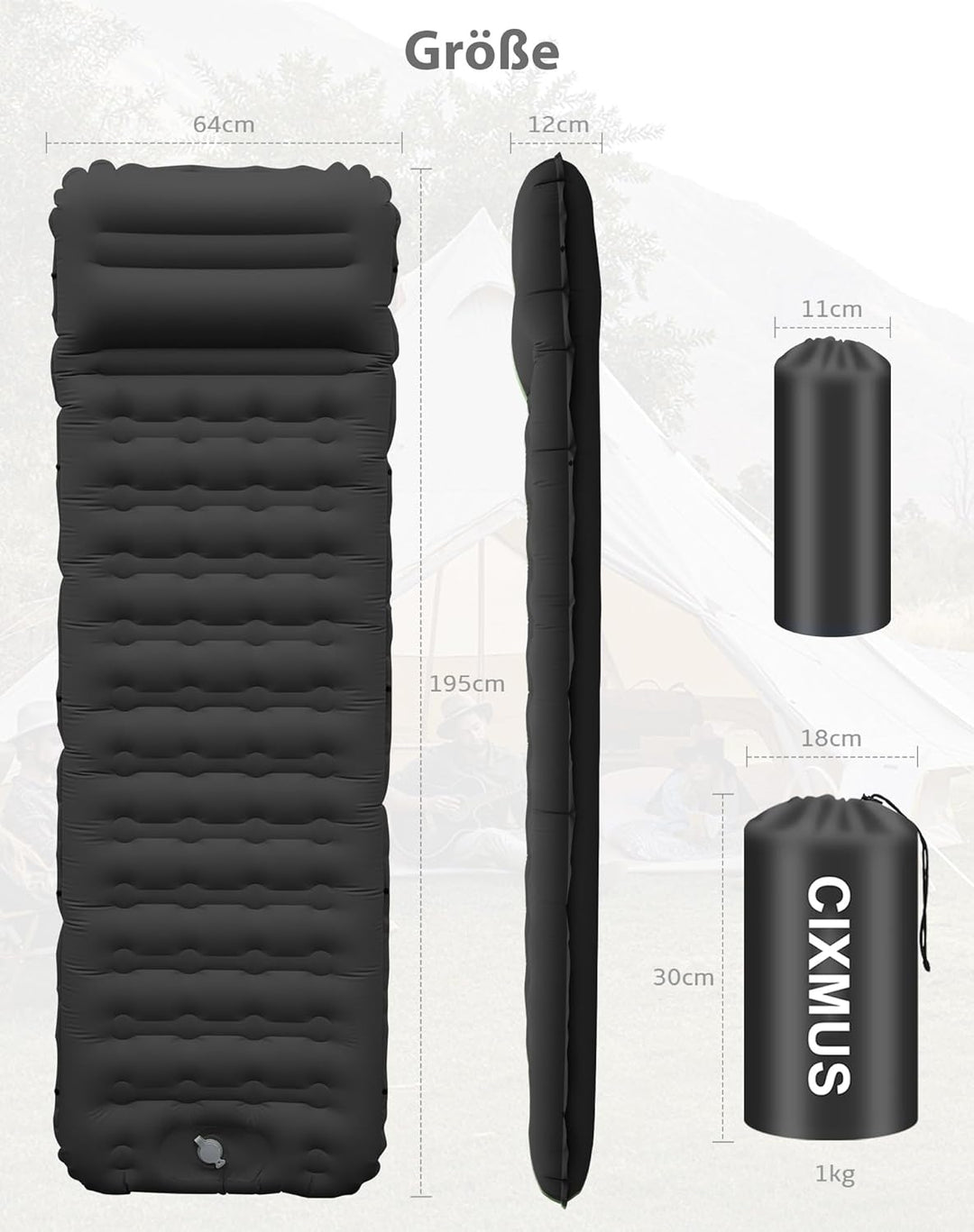 Aufblasbare Isomatte Camping mit Fusspumpe und Kopfkissen, 12 cm verdickt – Bequem, Ultraleicht, Kle