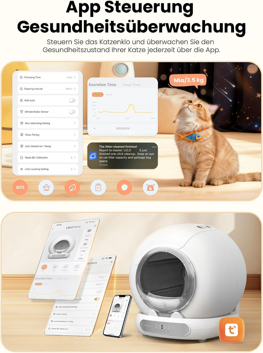 Selbstreinigende Katzentoilette mit Türvorhang, 65L+9L Katzenklo Selbstreinigend mit Müllbeutel, Mat