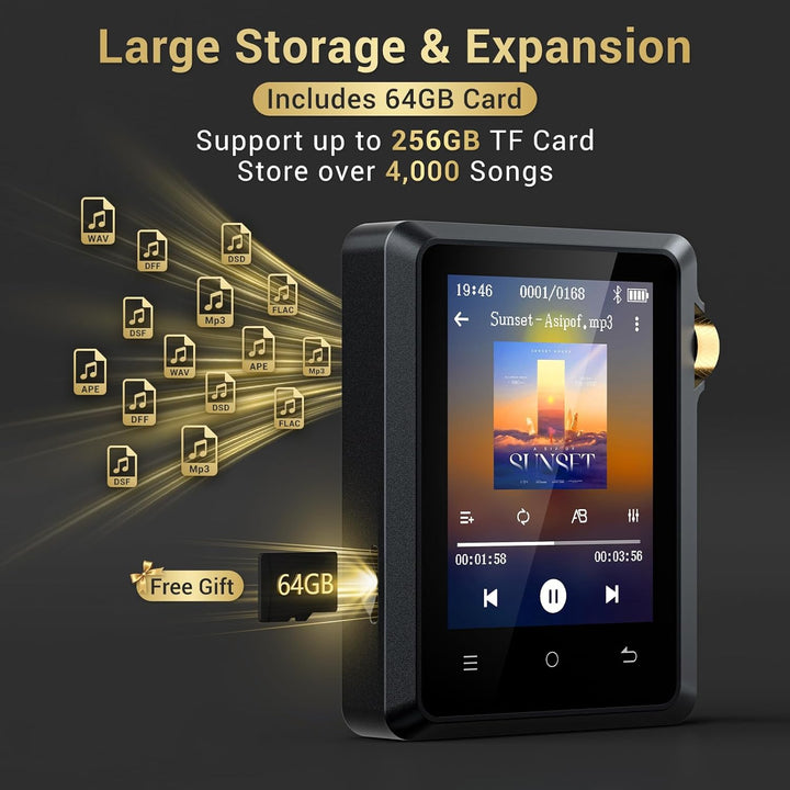 64GB Hi Res MP3 Player mit Bluetooth 5.3, DSD DAC Hi-Res FLAC Player Verlustfreier Musikplayer, Trag