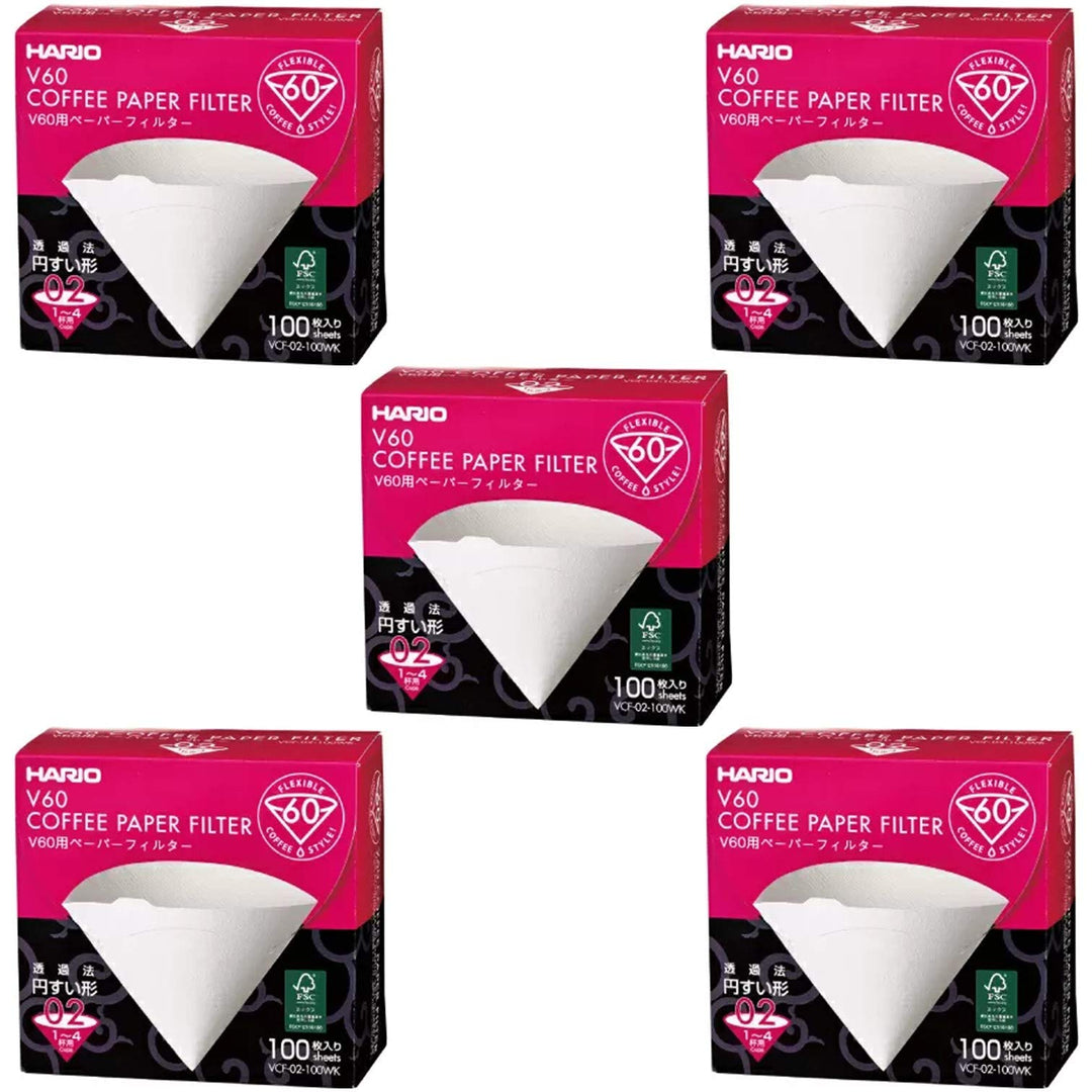 Hario V60 Papierfilter, Grösse 02, Kaffeeweiss, 5 Packungen (insgesamt 500 Blatt) 100 Stück, Weiss 0