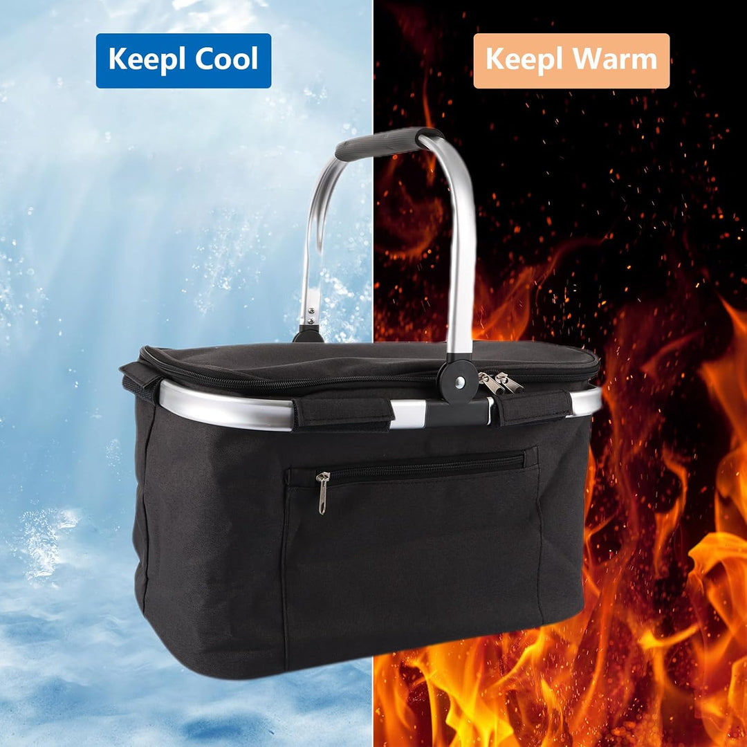 VIDETOL Einkaufskorb Faltbar, 33L Kühltasche Picknickkorb Gross, Schwarze Kühlkorb mit Deckel und Al