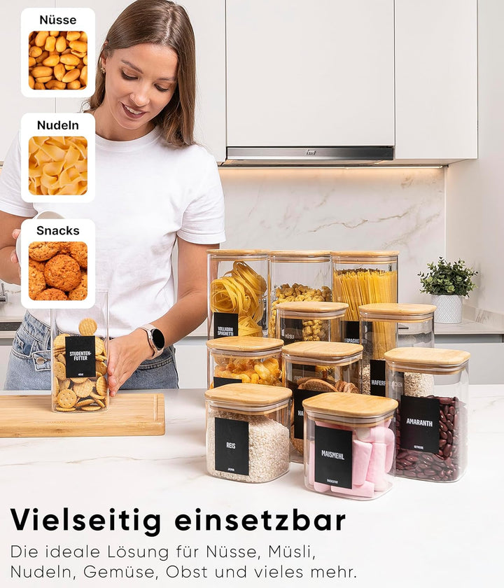 Deco haus® Vorratsgläser mit Deckel luftdicht + Etiketten [6er KOMBI SET] - Für Müsli, Cornflakes, M