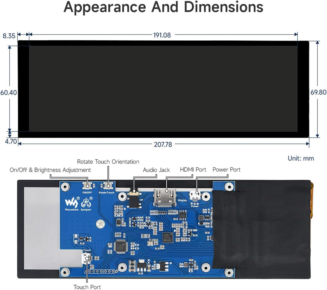 LUCKFOX 7.9-inch HDMI Touchscreen LCD Display, Waveshare 400(H) x 1280(V) Pixels IPS Screen, 60Hz Co