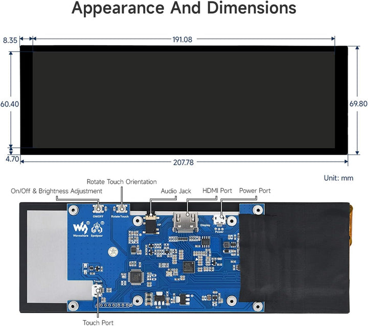 LUCKFOX 7.9-inch HDMI Touchscreen LCD Display, Waveshare 400(H) x 1280(V) Pixels IPS Screen, 60Hz Co