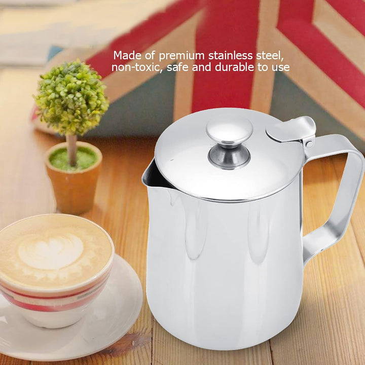Ejoyous Milchkännchen Edelstahl, Milch Aufschäumer Kännchen mit Deckel, Handheld Milchkanne für Capp