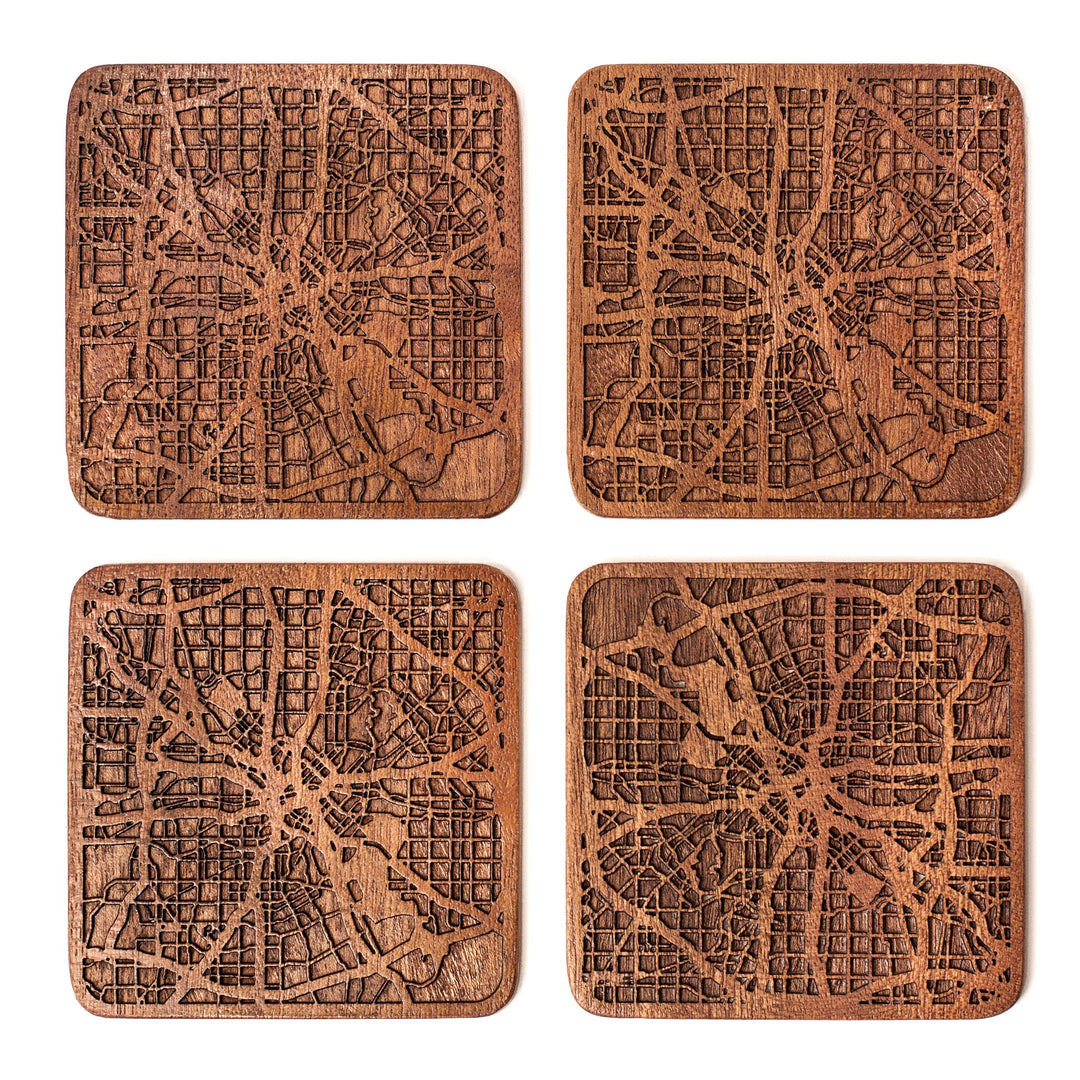 Dallas Untersetzer mit Landkarte aus Sapeli-Holz, 4 Stück, mit Stadtkarte, mehrere Stadt optional, h