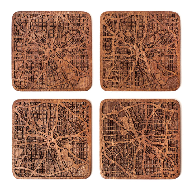 Dallas Untersetzer mit Landkarte aus Sapeli-Holz, 4 Stück, mit Stadtkarte, mehrere Stadt optional, h