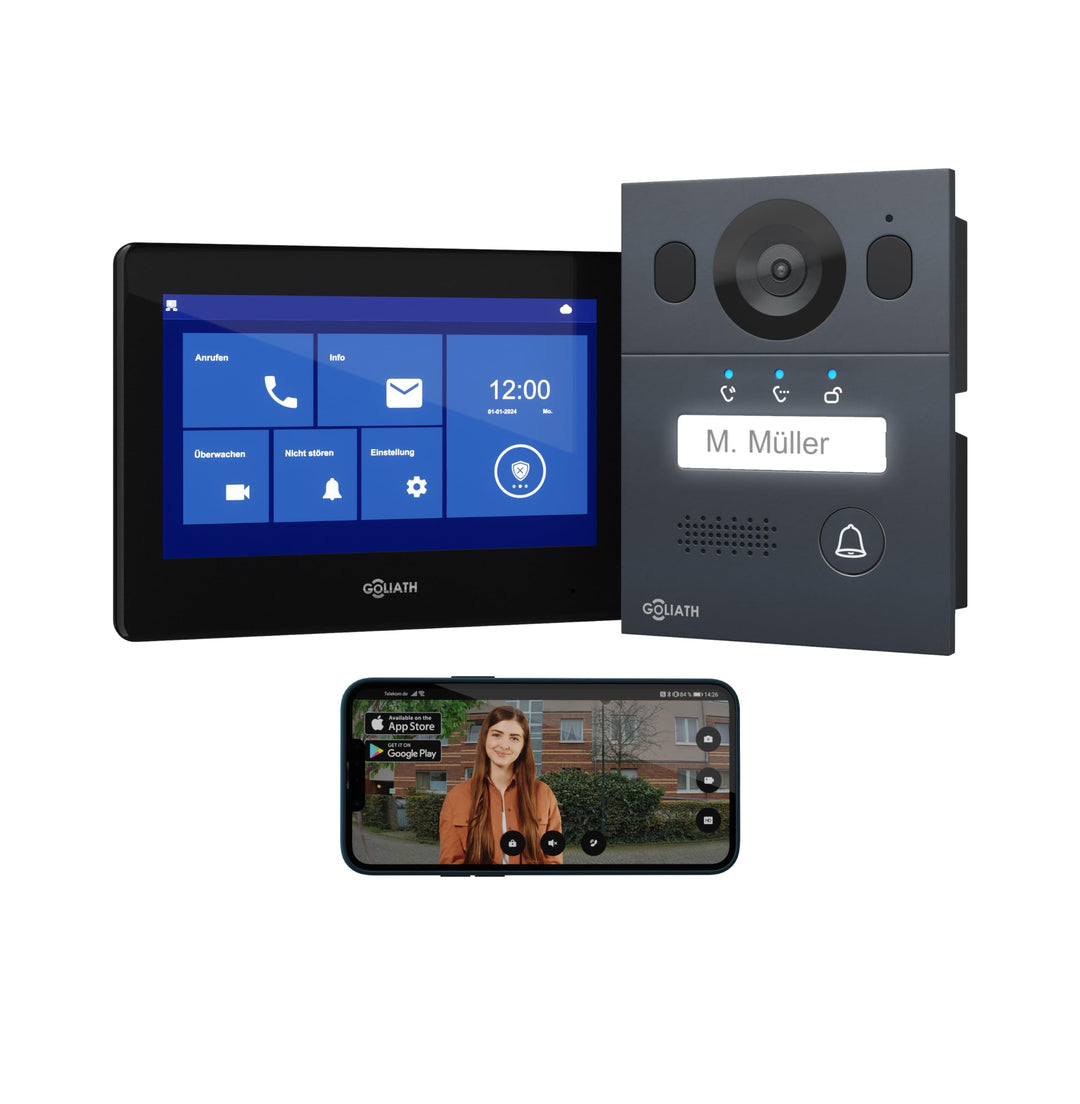 Goliath Basic Video Türsprechanlage, 2 Draht Bus, 7 Zoll Monitor, Aufputz Türklingel mit Kamera, Geg