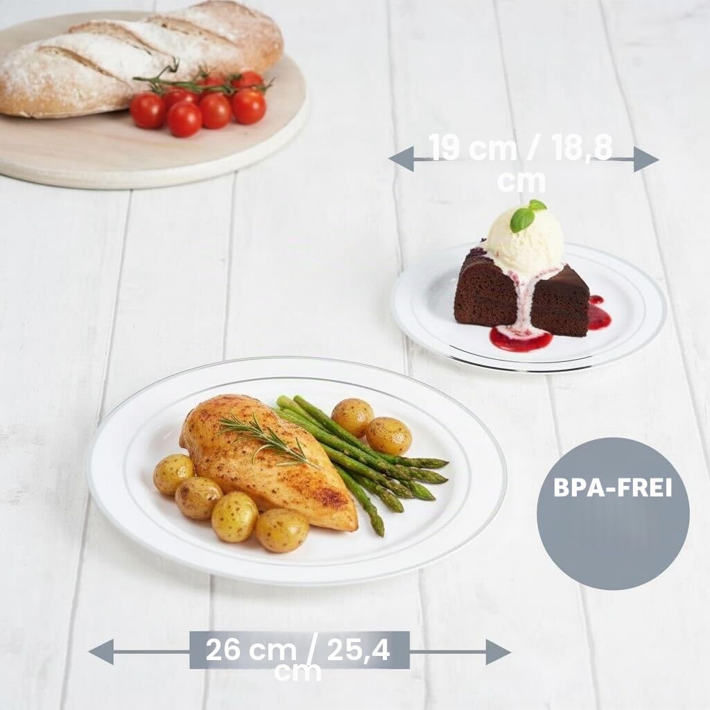 MATANA 120 Weisse Plastikteller mit Silbernem Rand, 2 Grössen (60 x 26cm, 60 x 19cm) - Hochzeiten, T