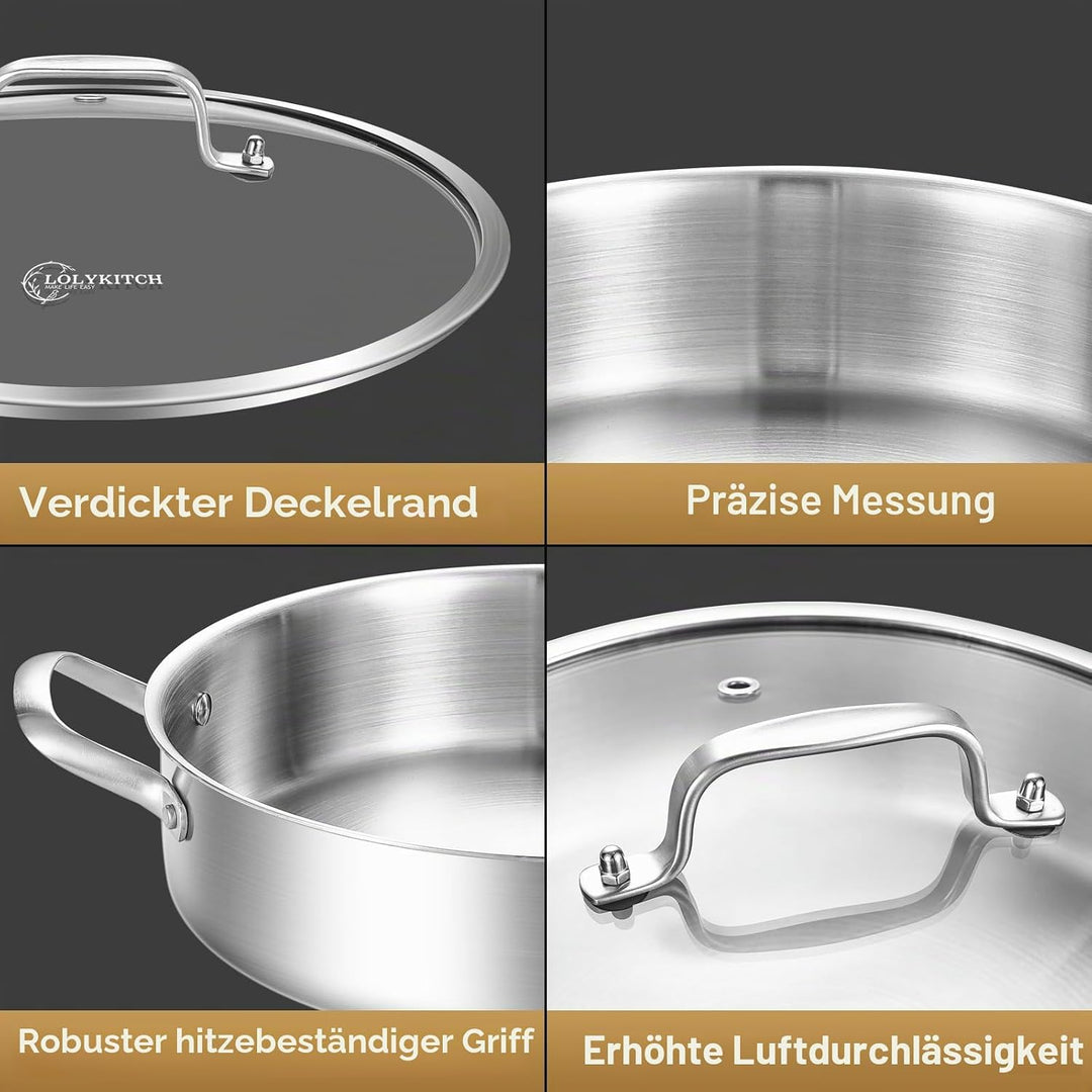 LOLYKITCH Schmorpfanne 26 cm Hoher Rand, Schmortopf mit Deckel 2.5 L, Edelstahl Unbeschichtet, Pfann
