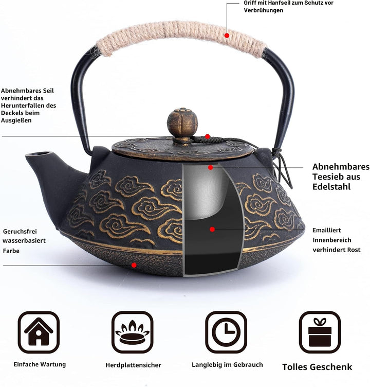 MILVBUSISS Gusseisen Teekanne, Japanische Teekanne mit Infuser für Loses Blatt, 800ml Teekessel für