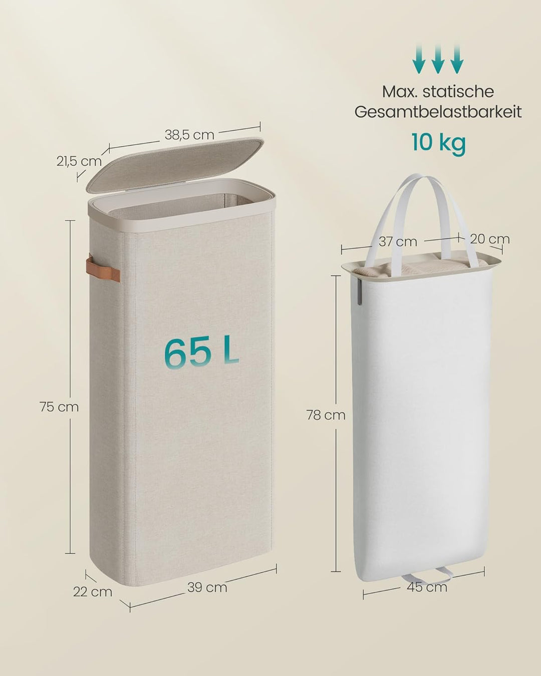 SONGMICS Wäschekorb, 65 L Wäschesammler, Wäschetonne, leichter Aufbau, mit Deckel und Griffen, herau