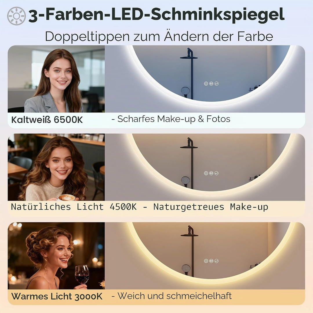STARLEAD 70cm Runder-Badspiegel-mit-Beleuchtung, Bluetooth, Dimmbar, 3 Farbtemperatur, Entfoggen, Sp