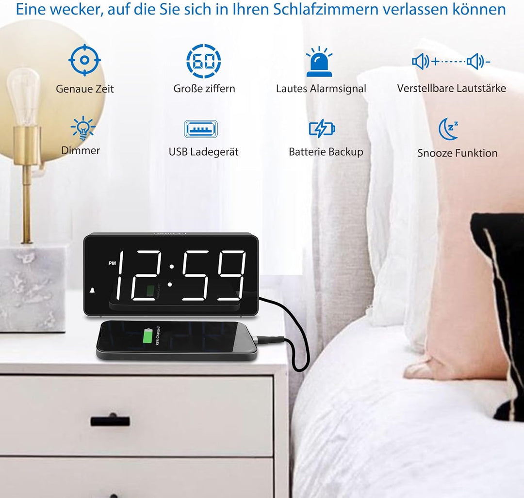 Eachui LED Wecker Digital mit Grossen Zahlen, Wecker mit Ladestation, Helligkeit und Lautstärke Rege