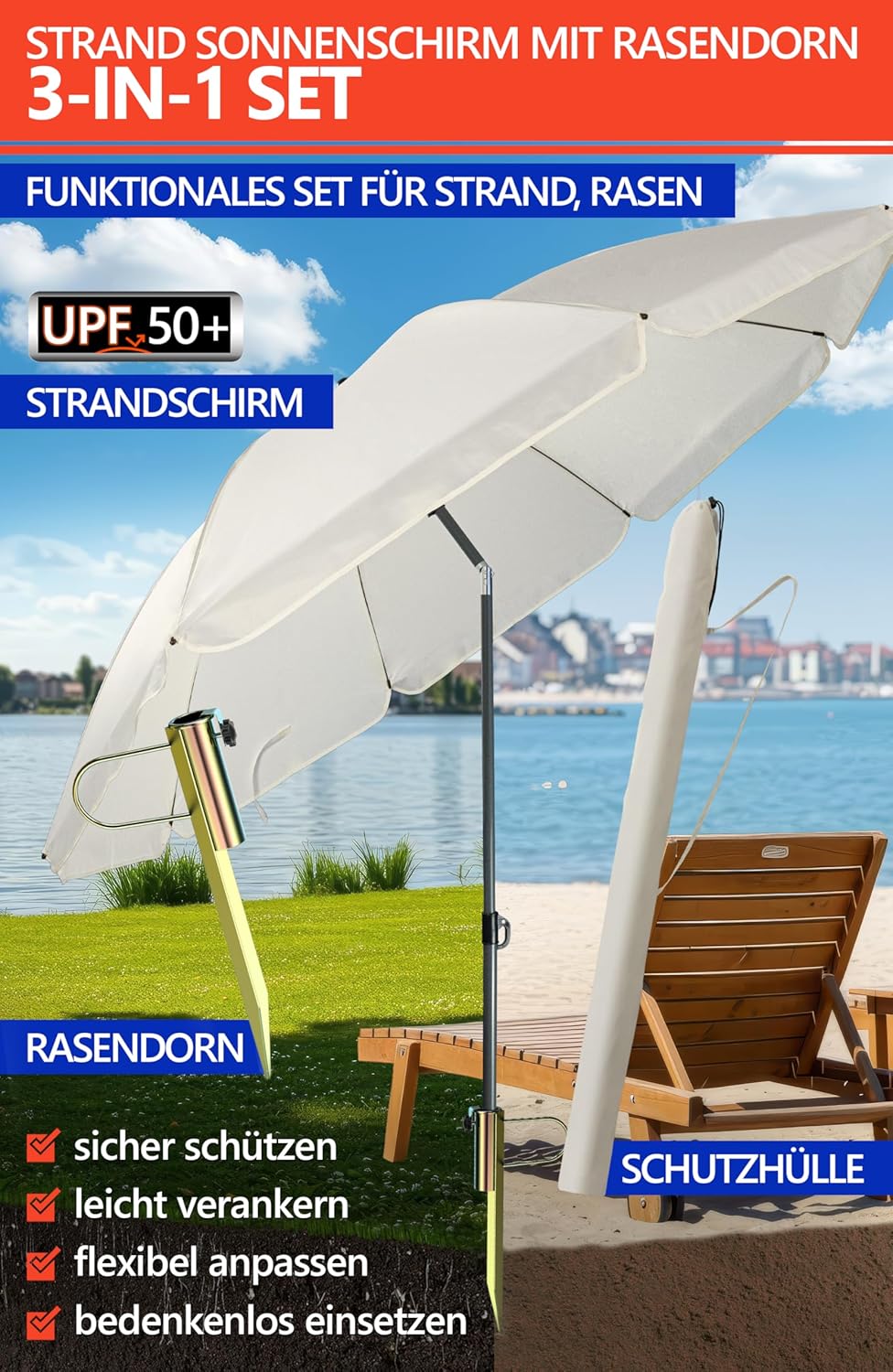 4smile Sonnenschirm Strand SunnyJoy Ø 160 cm, Beige – 3er Set inkl. Strandschirm windfest stabil, Ra