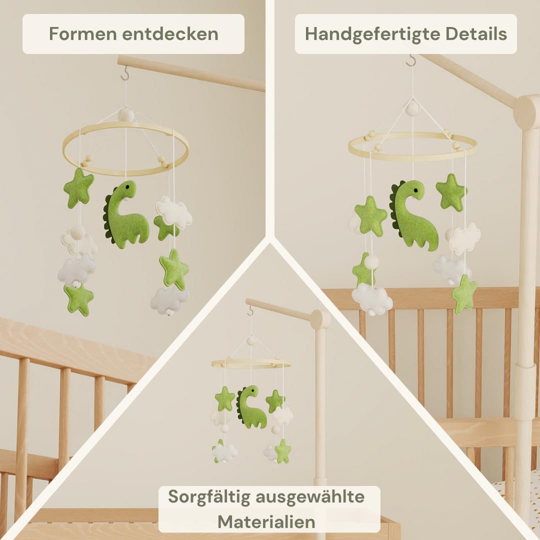 Waldino Baby Mobile Babybett, handgemachtes Filz Babymobile mit Dino, Sternen und Wolken, Mobile Bab